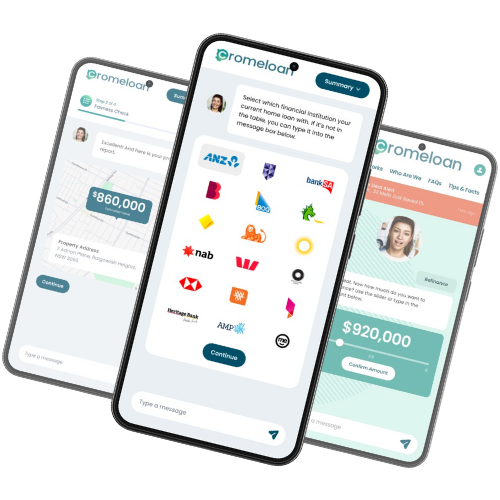 Several images of Cromeloan's web app on mobile phones showing different ways Cromeloan's Generative AI helping with loan