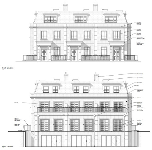 Architectural drawings of south and north elevations for a luxury three-story townhouse design.