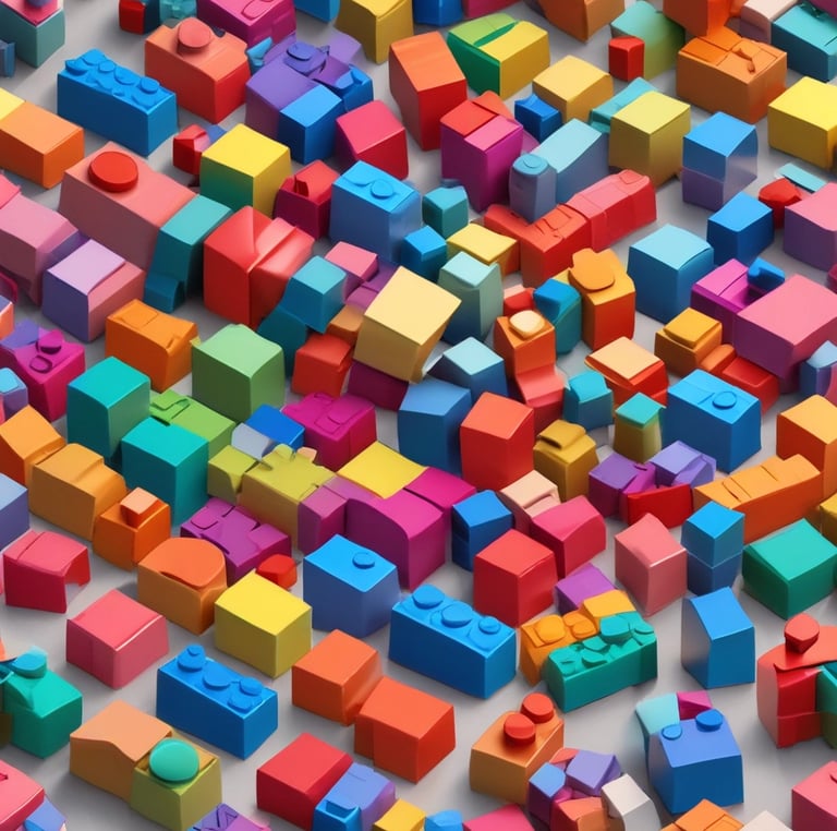 A joyful child building a colorful LEGO® set at home, surrounded by neatly organized bricks.