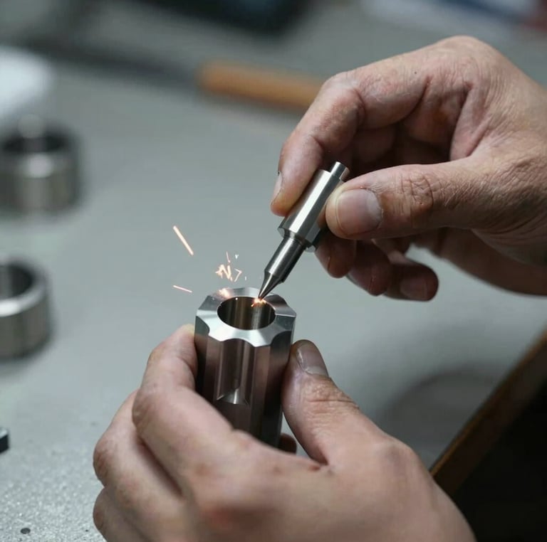 Close-up of a skilled artisan's hands inspecting a precision-milled metal component on a clean workbench, high-contrast industrial lighting, cool steel tones, macro depth of field.