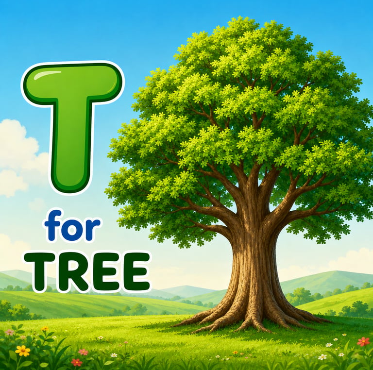 Educational alphabet illustration featuring a green letter T for tree in a sunny landscape.