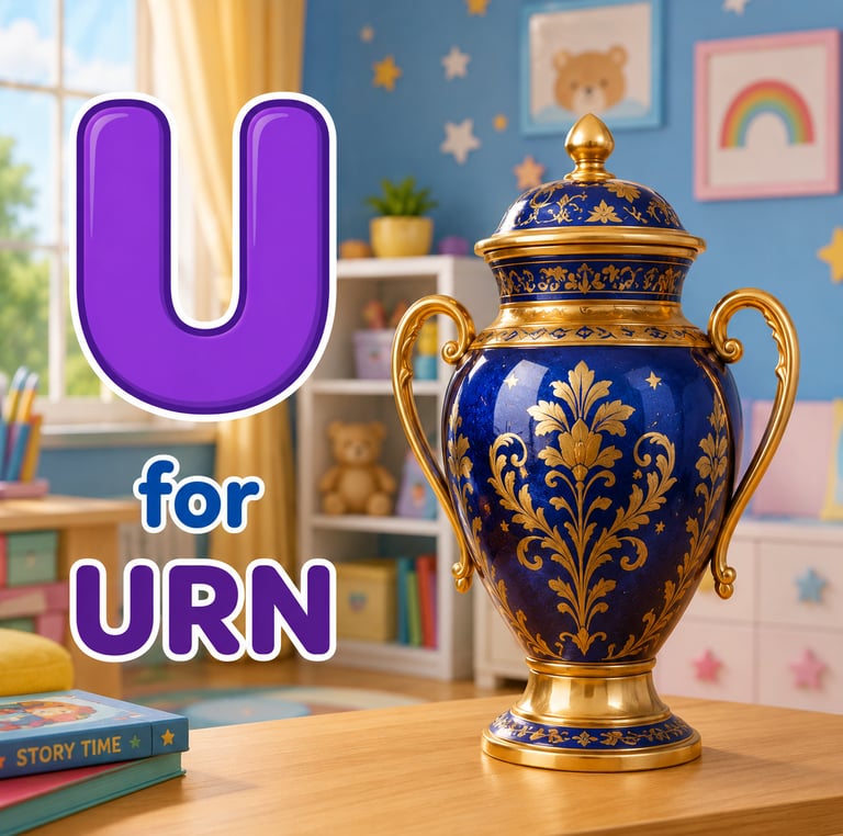 A decorative blue and gold urn illustrated with the letter U for educational alphabet learning.