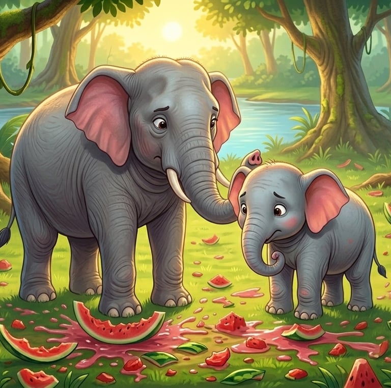 Cute cartoon mother and baby elephant eating watermelons in a sunny jungle setting.