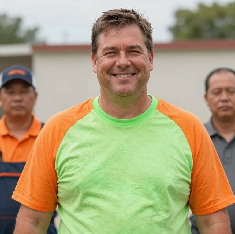 A professional-looking 45-50 year old man with an American smile, slightly chubby face, wearing an orange work t-shirt, confidently leading his paving team.
