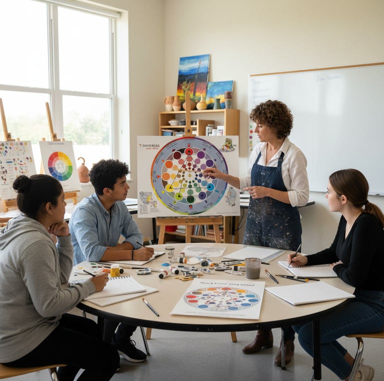 An art instructor explains color theory to students using the color wheel chart in a bright studio.