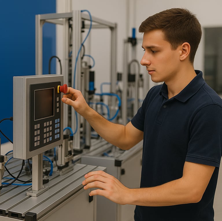 a man in a blue shirt is holding a red button
