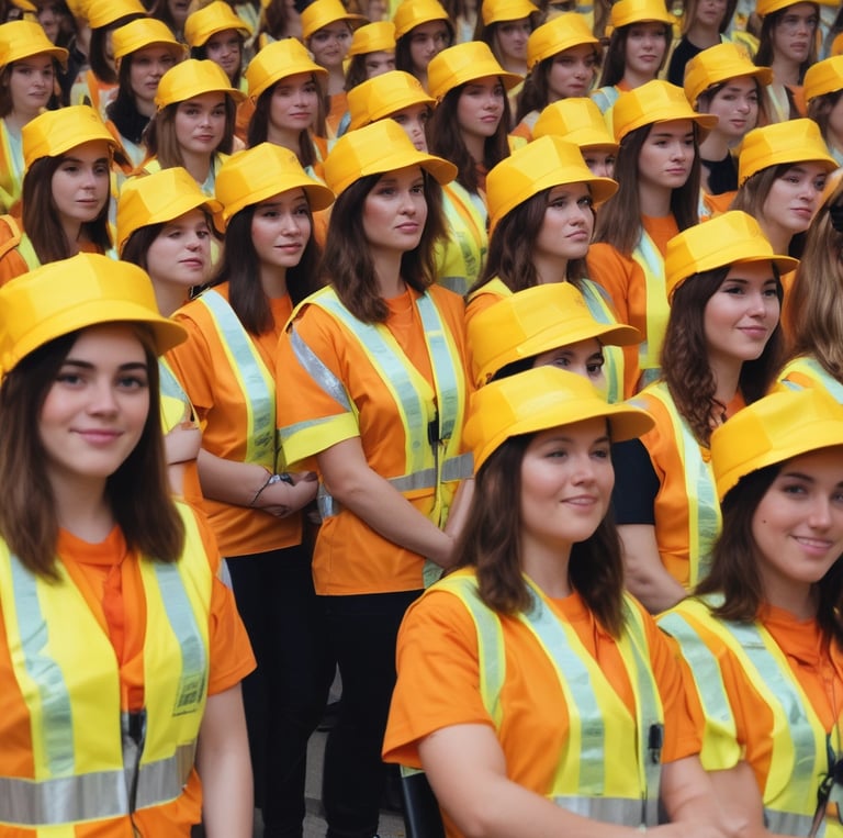 A stage curtain rises to reveal 43 young women in safety vest-designed graduation caps and gowns accepting their diplomas.