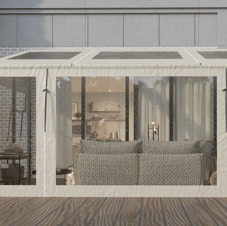 PVCFAB Aluminium pergola with heavy duty roll up all weather PVC covers and curtains