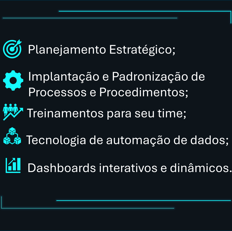 Planejamento Estratégico, Processos, Treinamentos, Dashboards (Power BI)
