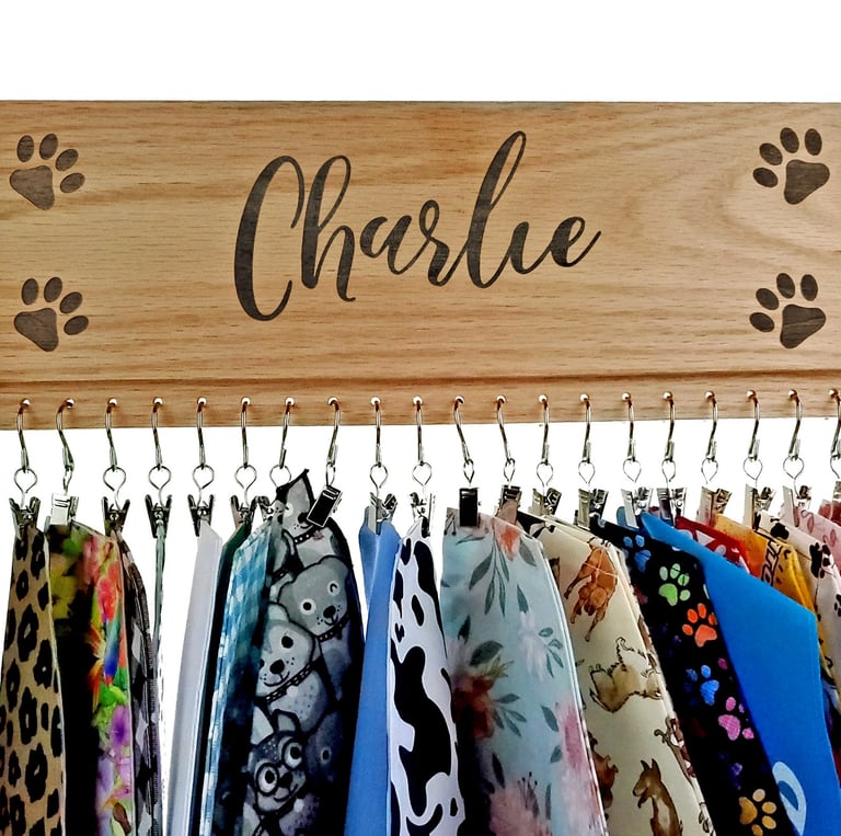 a personalized wooden bandana display holding twenty bandanas.