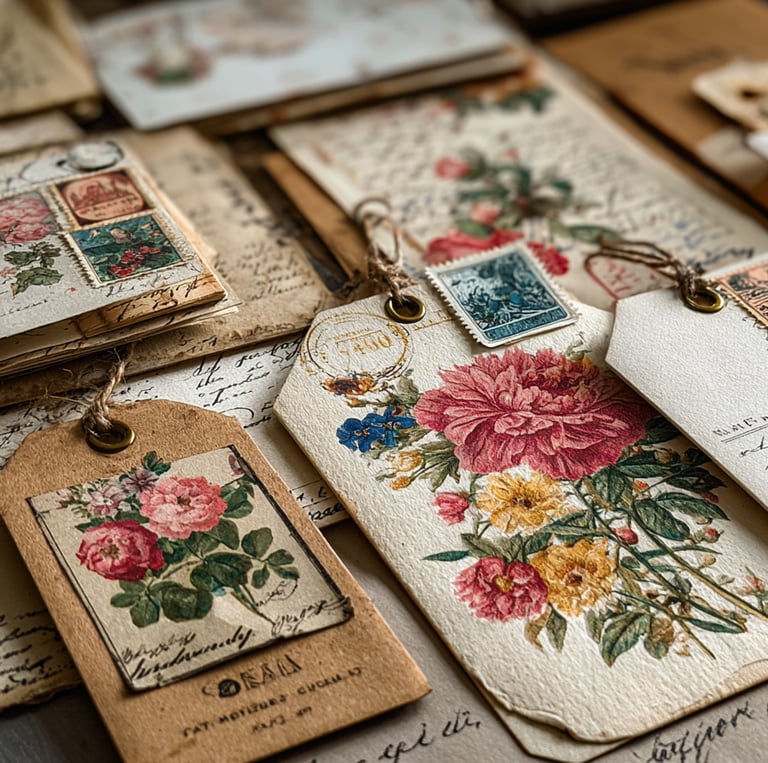 Vintage postcards and tags with floral illustrations and old stamps are arranged on a surface 