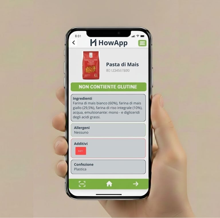 la schermata di un telefono che mostra gli ingredienti di un prodotto, allergeni e additivi.