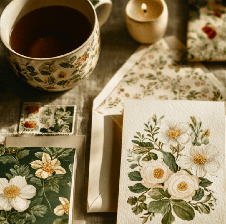 a table with a cup of tea and stationery