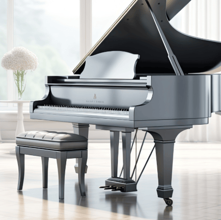 black grand piano in a big white room