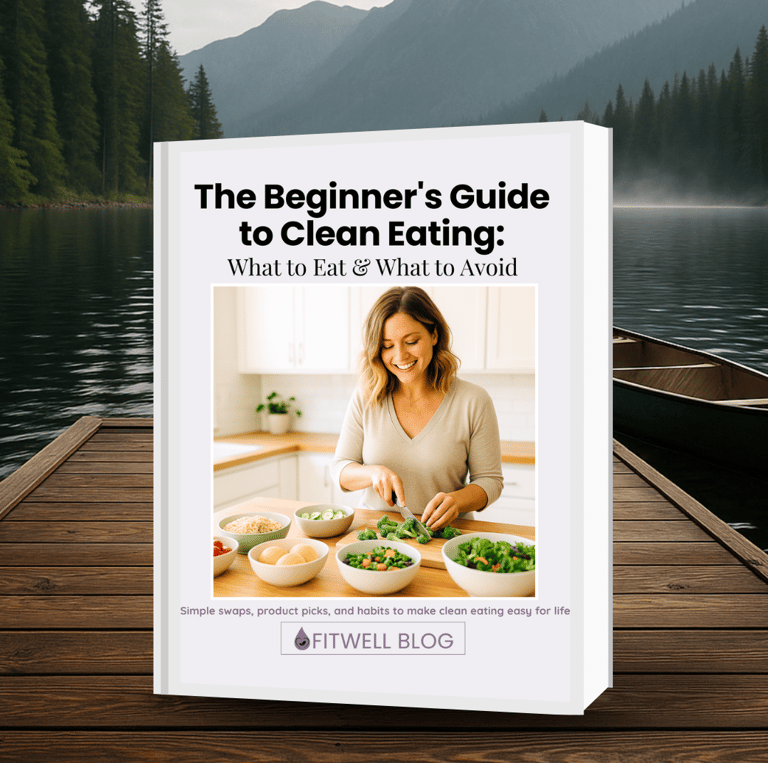 Lake and canoe dock background for free Clean Eating Guide PDF.