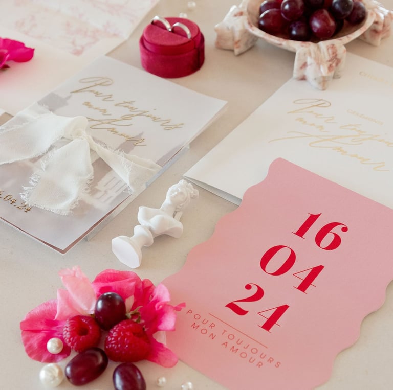 Détail de mariages, faire parts, alliances, parfum, voile, invitation au brunch, décoration
