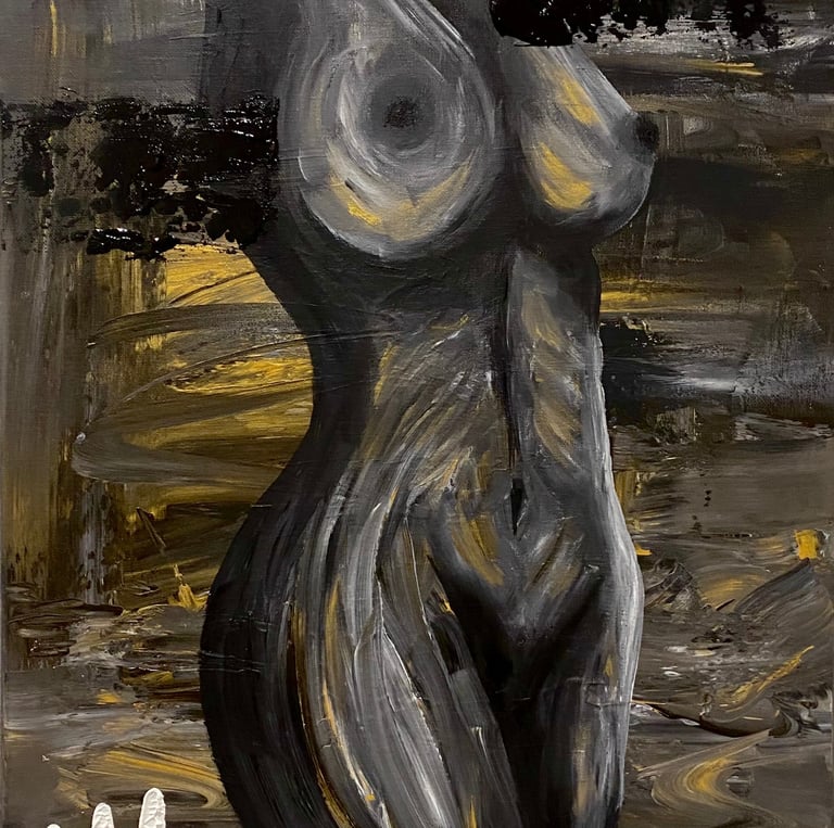 une peinture abstraite et sombre du corps d'une femme nue de face