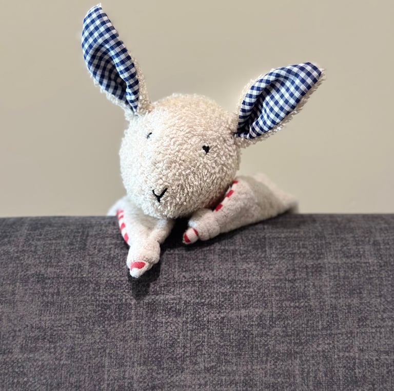 a stuffed animal rabbit with a blue checkered shirt