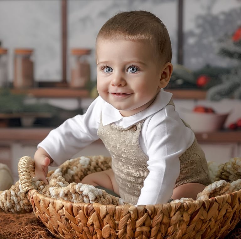 bebé sentado en cesta con huevos al lado y árbol de navidad al fondo