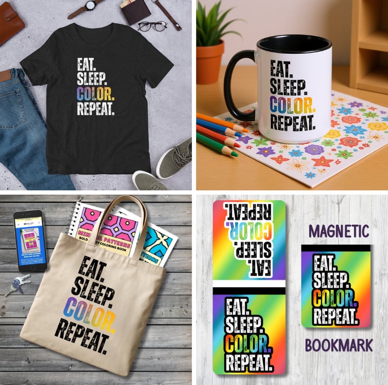 t-shirt, mug, tote bag, and magnetic bookmark with phrase "EAT.SLEEP.COLOR.REPEAT."