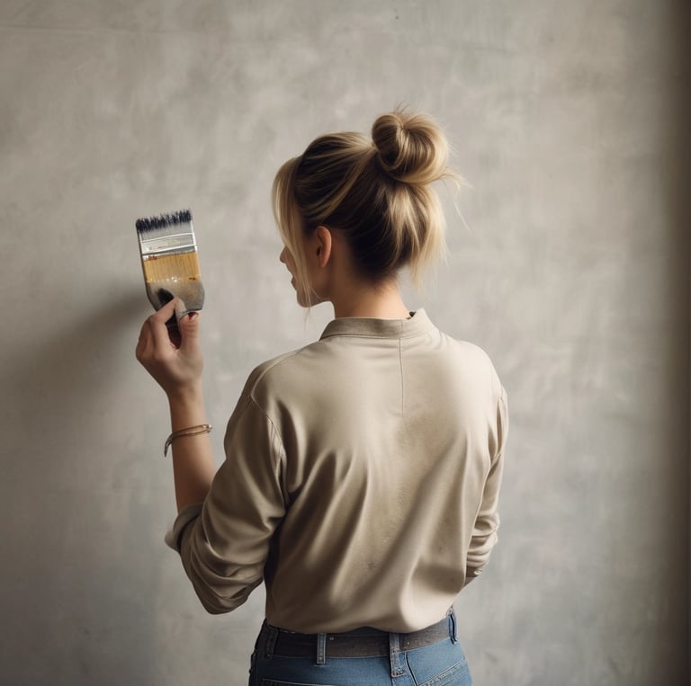 A confident young woman painting a cozy living room wall, surrounded by fresh plants and renovation tools.