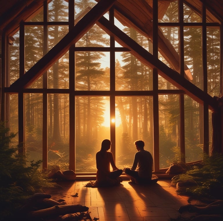 A peaceful moment showing a person gently guiding another with calm body language in a warm, inviting space.