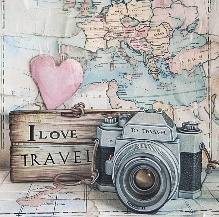 Vintage camera with "to travel" sign and map, perfect for wanderlust enthusiasts.