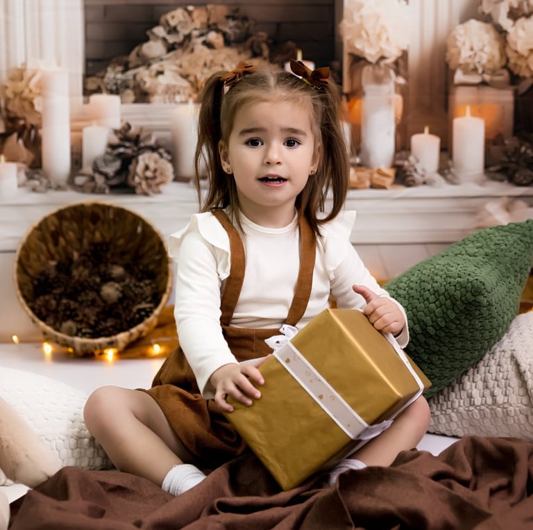niña con regalo en escenario de navidad 