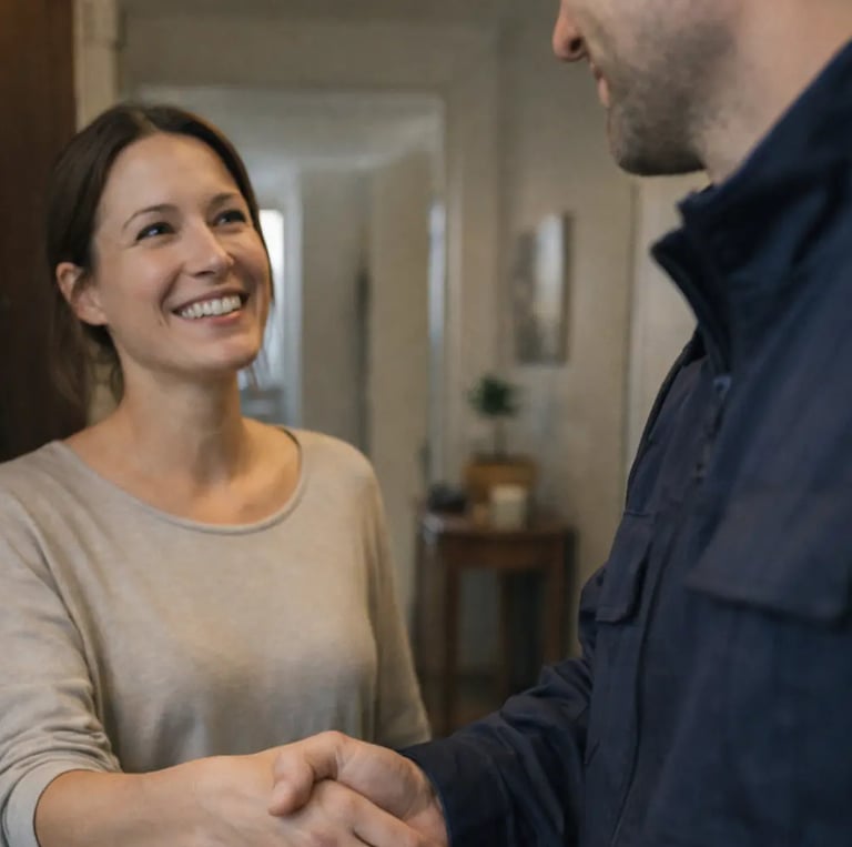 Cliente qui sourit au technicien de La Vie Sans Crotte après le nettoyage d'une cage haute furets