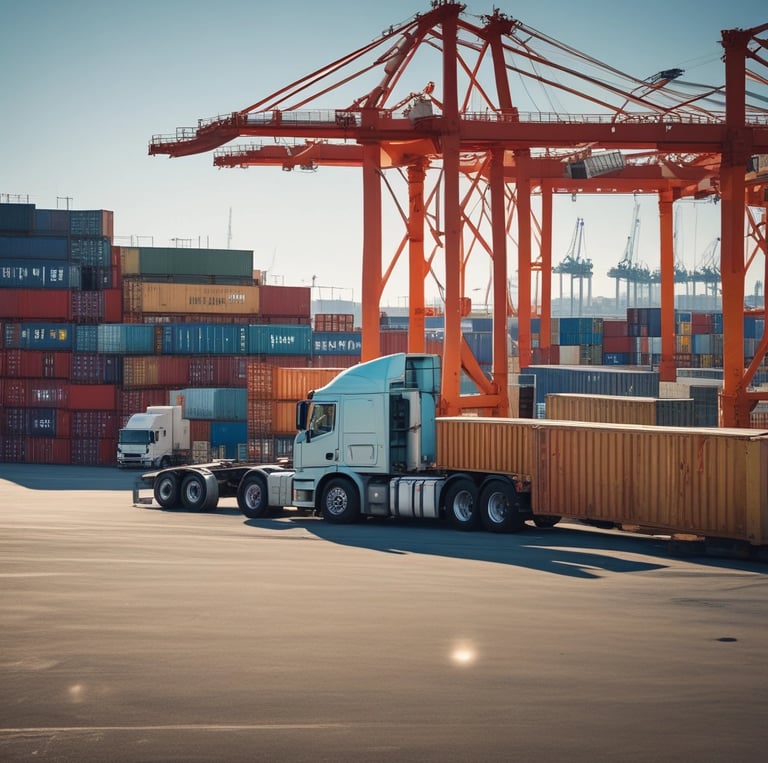 A bright, high-definition photo of a sleek, modern class 8 semi-truck navigating a busy shipping port under clear daylight.