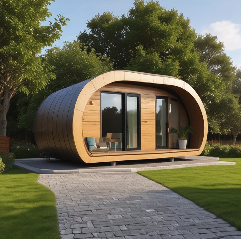 A modern modular home surrounded by lush greenery.