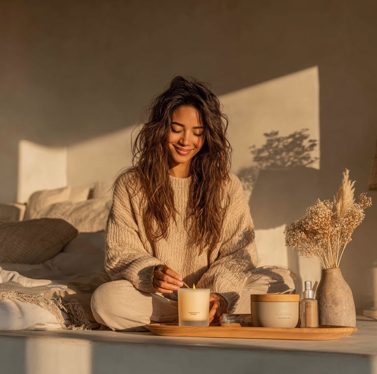 Woman in cozy beige sweater sitting cross-legged on a bed, lighting a candle. Soft sunlight, neutral