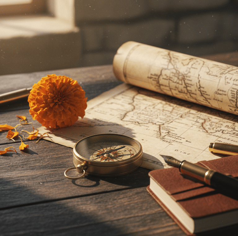 a compass with a compass and a compass on a table, vintage, old