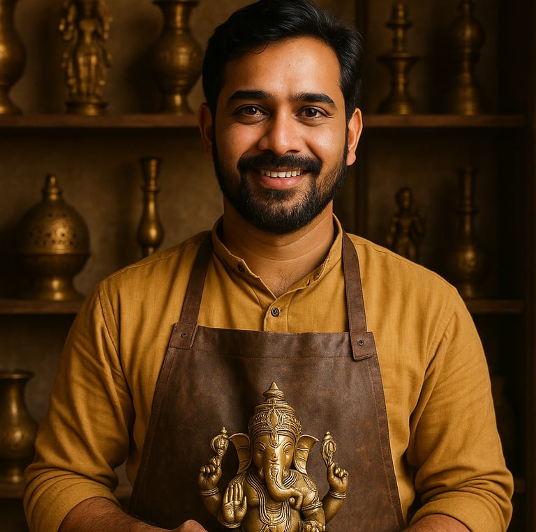 a man in a brown apron and aprons holding a statue of a gan gan
