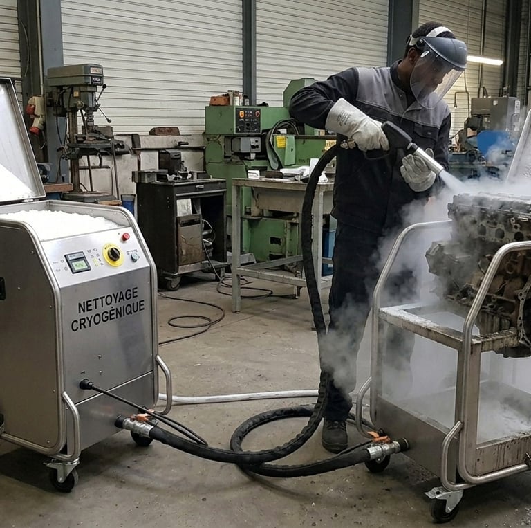 Technician using a dry ice blasting machine for industrial cleaning on a car engine block.