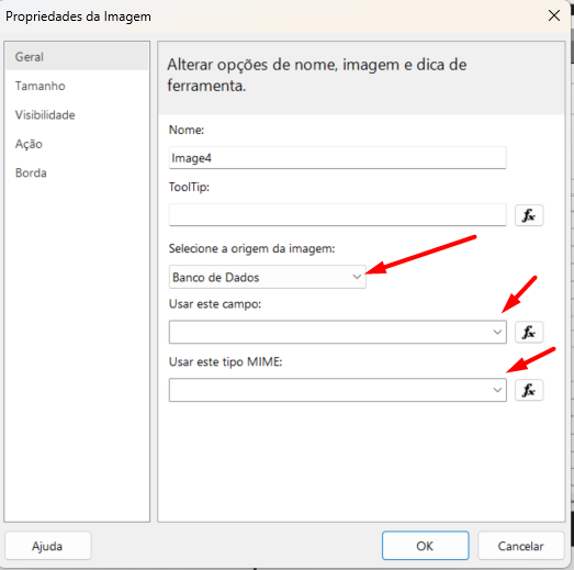 Screenshot of image property settings in Portuguese with red arrows highlighting database source options.