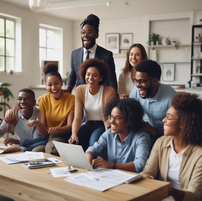 A vibrant photo showing a diverse team collaborating over digital maps and financial charts, symbolizing cross-continental expertise.