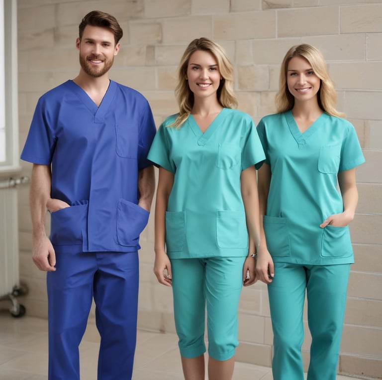 Golden-accented blue scrub set displayed on minimalist beige background