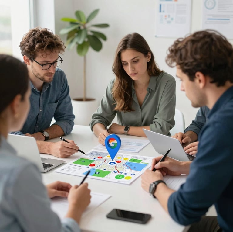A friendly digital marketing expert working on a laptop with SEO graphs and local business icons around.