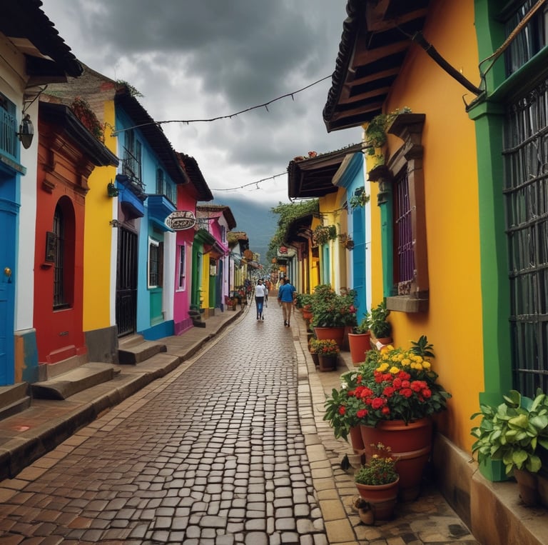 A warm photo of a smiling person standing in front of a colorful Colombian street market.