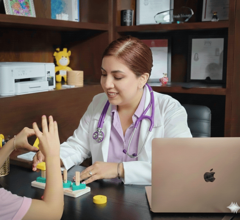 Dra Isis Pediatra con bata blanca utilizando bloques de madera durante una evaluación de un niño