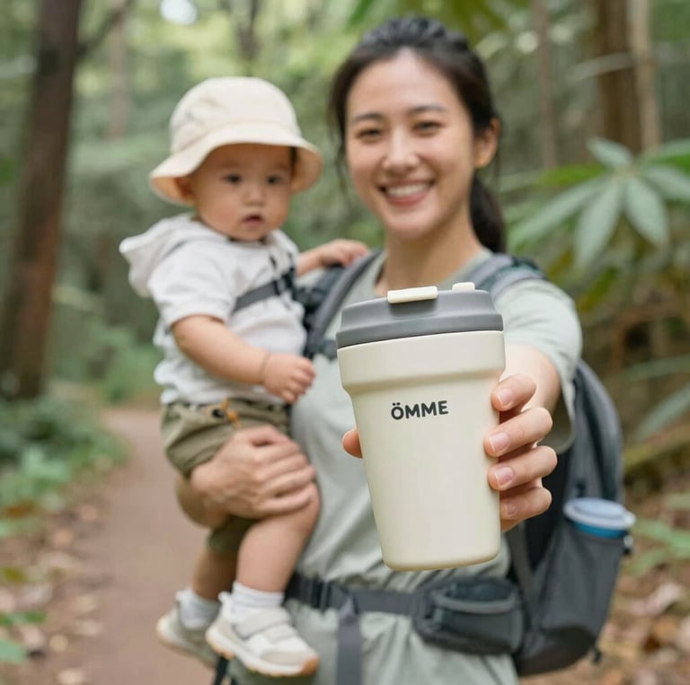 A warm, inviting photo of a mother smiling while holding a steaming cup of ōmme tea in a cozy kitchen setting.