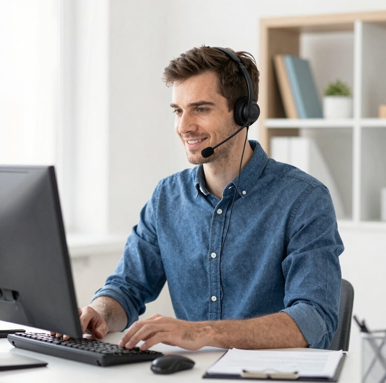 A professional notary conducting a remote online notarization session on a laptop in a modern workspace.
