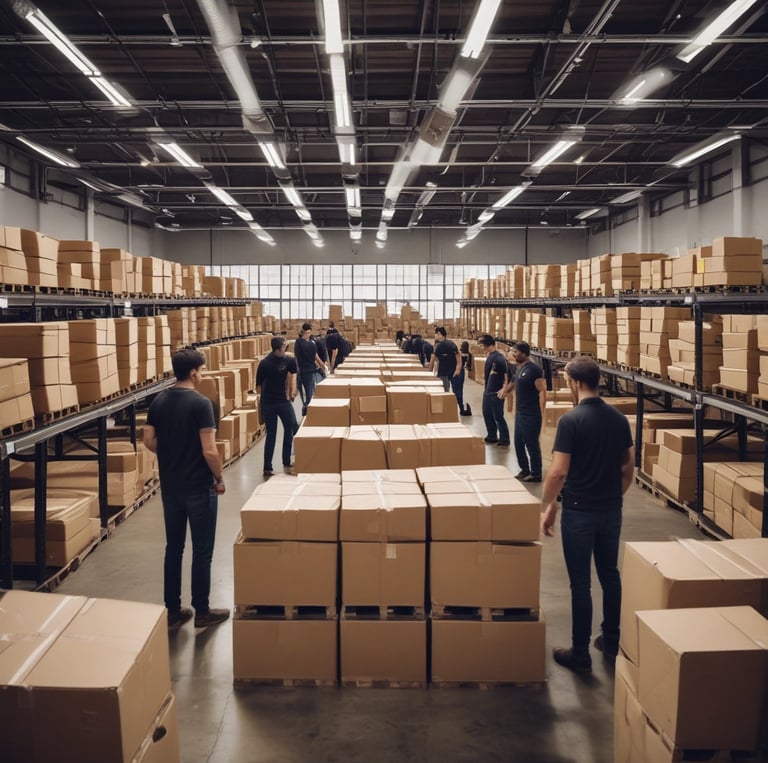 warehouse staff unloading and organizing apparel shipments under bright industrial lighting.
