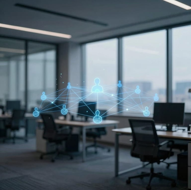 Premium corporate editorial photography, cool office daylight with subtle blue ambient tones, deep navy and slate shadows, 35mm lens, shallow depth of field. Abstract representation of interconnected human networks and data streams, subtle blue ambient lighting, architectural lines, subject off-center to the right.