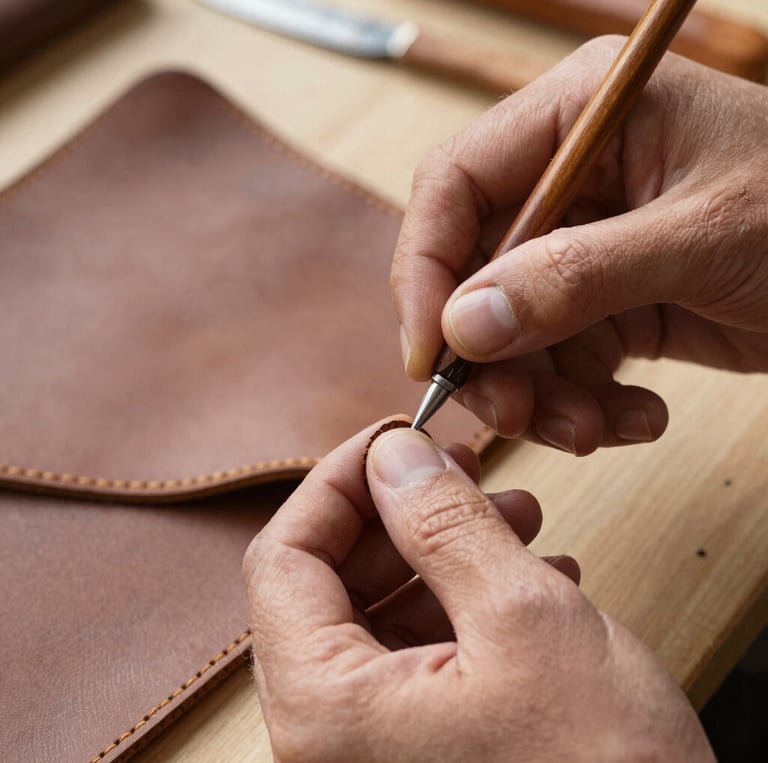 A cozy workshop in Normandy with leather tools and a handmade bag in progress on a wooden table.