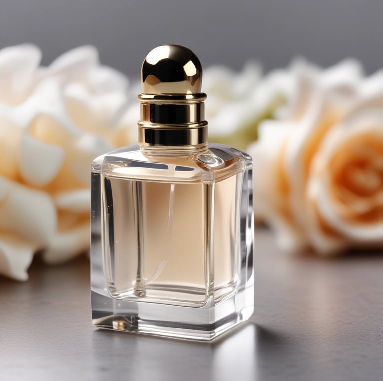 Close-up of amber-colored fragrance oil in a glass bottle with a dropper on a wooden table.