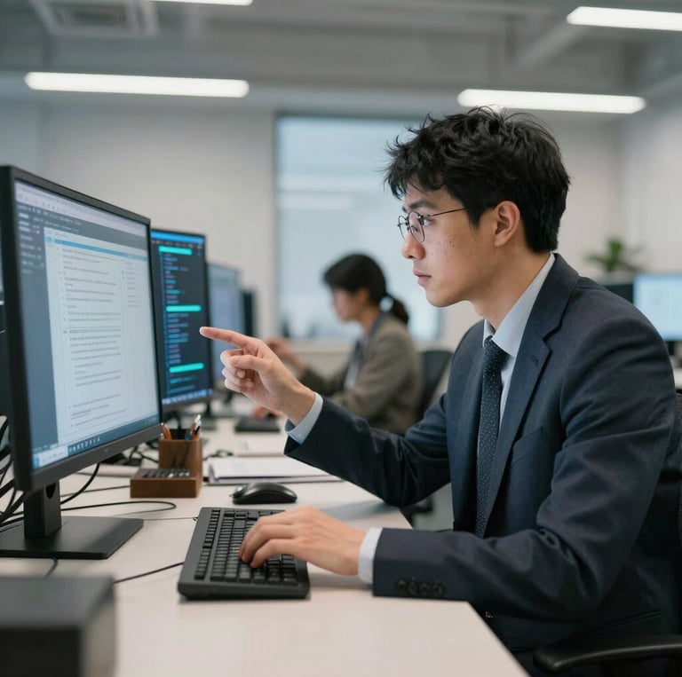 A team of professionals collaborating over futuristic technology screens with orange accents.