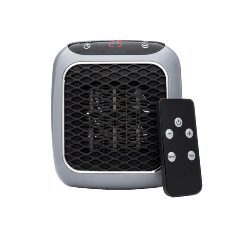 Kompakter tragbarer Mini-Heizlüfter mit digitaler Temperaturanzeige und Fernbedienung.