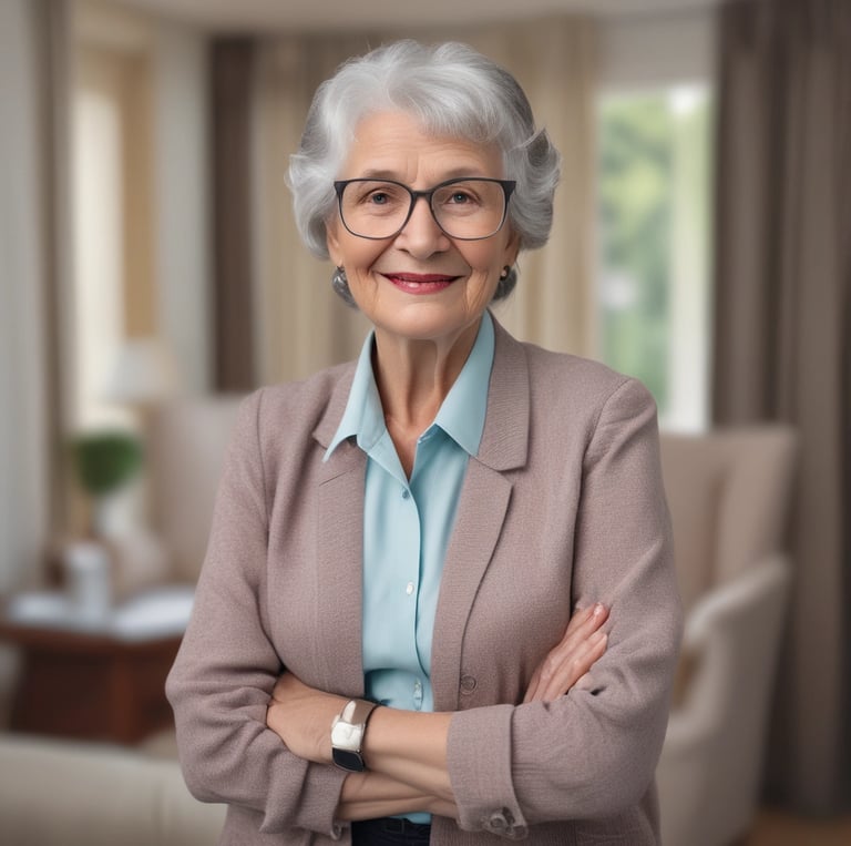 Portrait of Fatima M., Director of Prestige Care Services, smiling warmly in a professional setting.